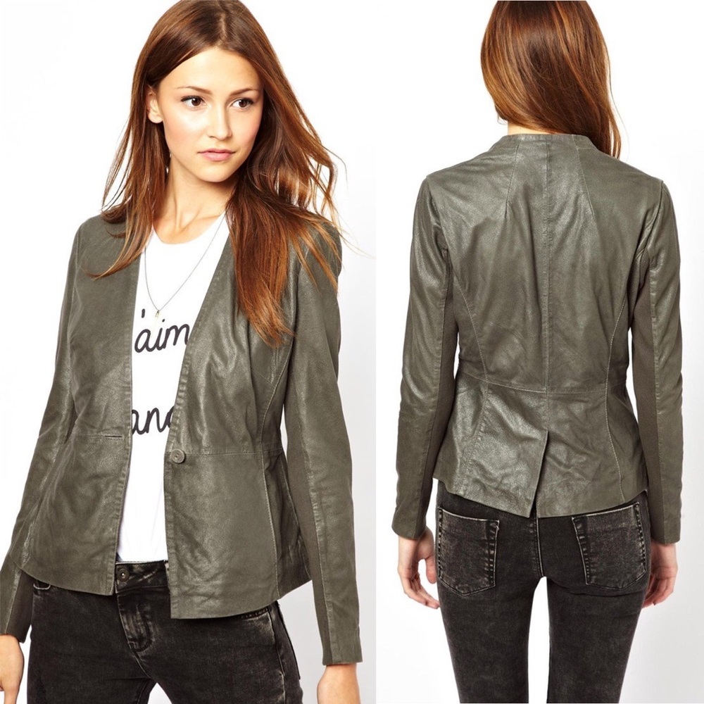 MUUBAA Shaula Leather Blazer Jacket in Metallic Grey Green